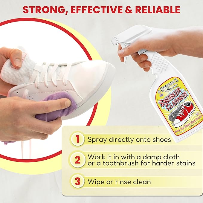 Grandma's Secret Sneaker Cleaner - for Rubber, Canvas, Leather, Stain Remover Spray Removes Dirt, Grime, Grass - Cleaner for Outdoor Shoes, Slippers, Moccasins - 16oz & 3oz Combo