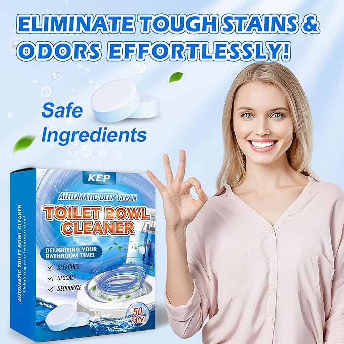 Automatic Toilet Cleaner Tablets–Powerful Bleach Action, Destroys Limescale & Eliminates Odors, Septic-Safe, Continuous Cleaning, Drop-In Tank , Simple and effective to use Works with Toilets-50 pack.