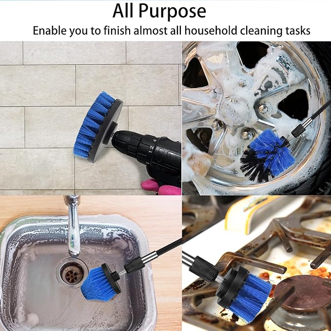 8 PackDrill Brush Attachment Set, 1/4in Power Scrubber Brush + Extend Long Rod, Brush Drill Attachment, Power Cleaning Scrub Brush for Bathroom, Tub, Tile, Corner(Blue)