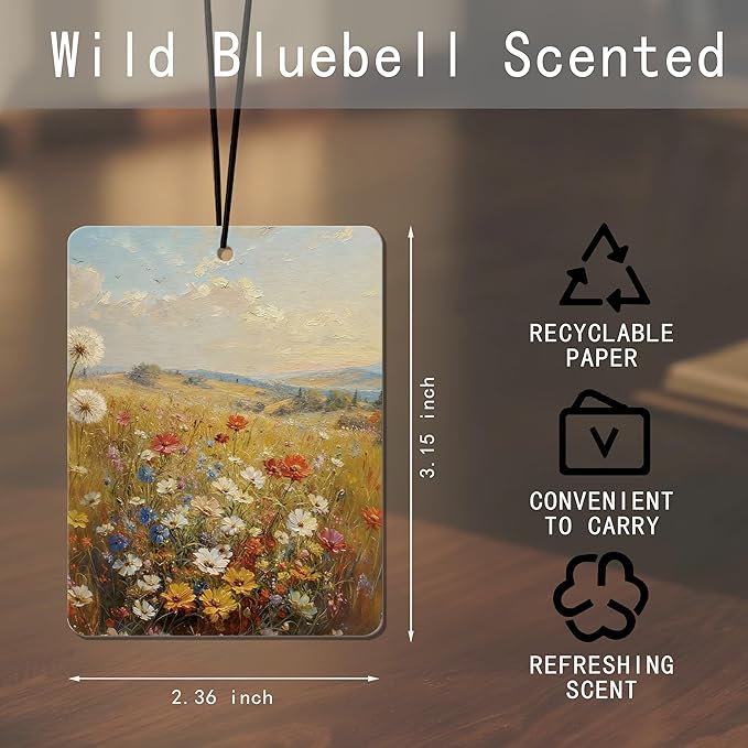 Vintage Floral Field Air Freshener 4 Pcs, Artistic Wildflower Hanging Air Freshener for Cars, Closet, Drawer, Home Decor for Nature Lovers, Gift for Women Who Love Floral Aesthetics