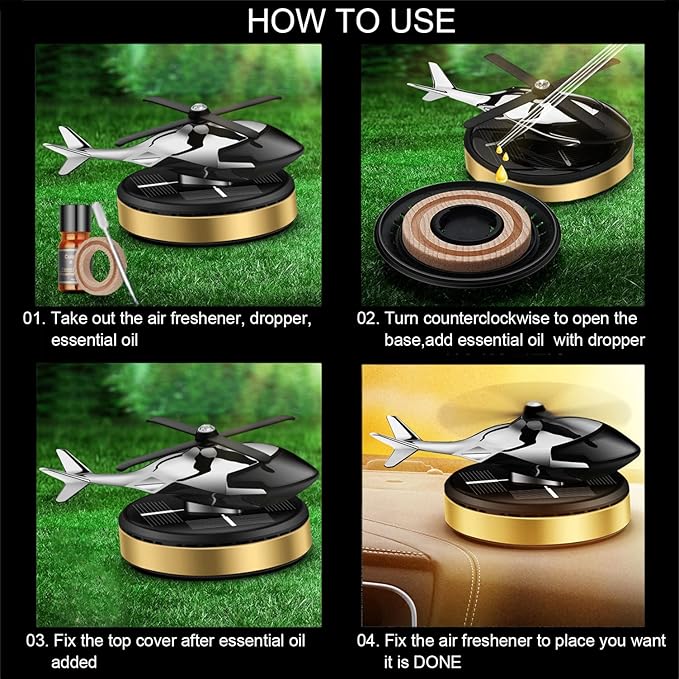 Upgraded AL Alloy Helicopter Aromatherapy Solar Rotating Air Freshener, Home and Car Interior Decoration Accessories (Gold)