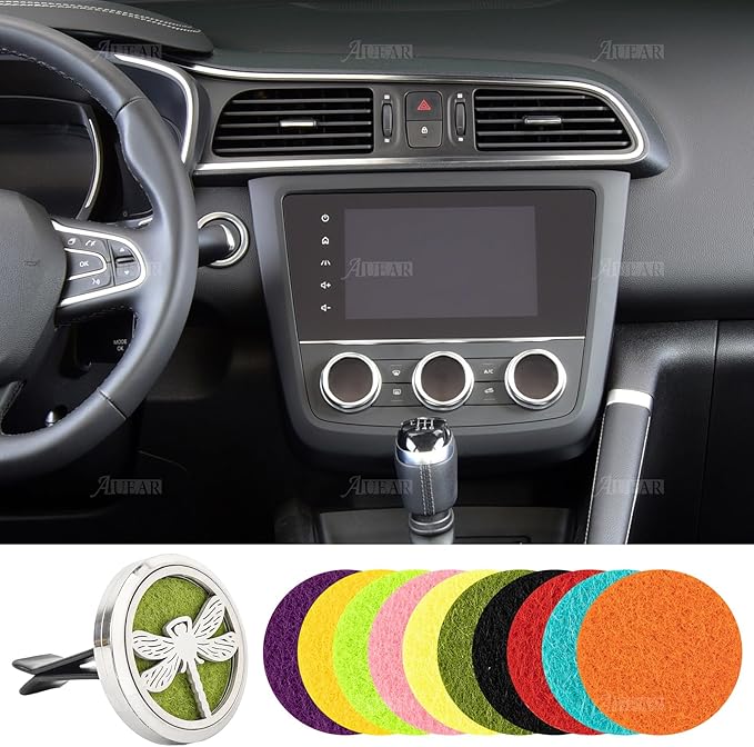 AUEAR, Dragonfly Car Diffuser Vent Clips Aromatherapy Essential Oil Diffusers 30mm Stainless Steel Lockets with 10 Felt Refill Pads