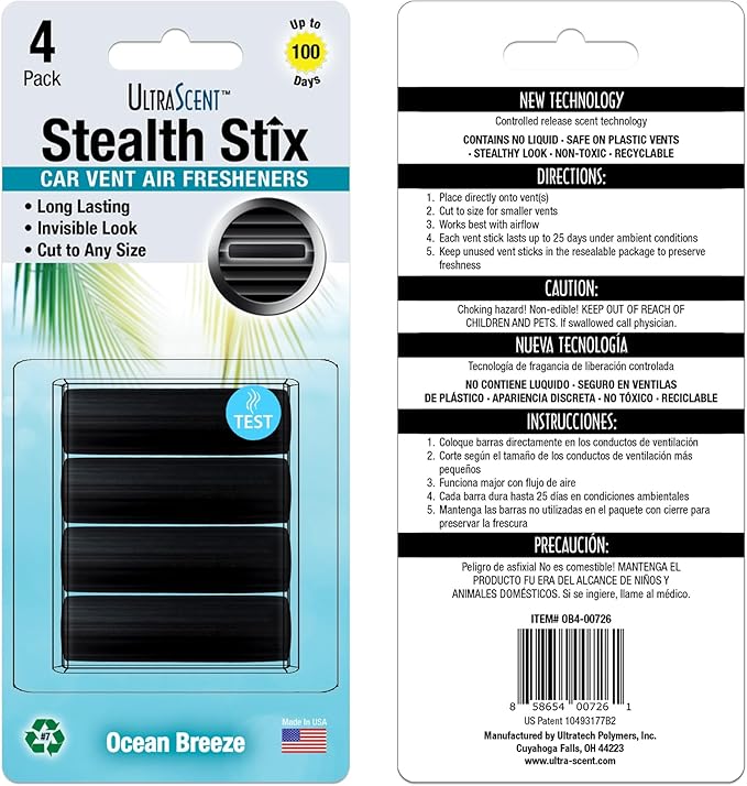 Car Vent Clips Air Freshener Stealth Stix Car Vent Clips that Slip on Vent Blade, 1-Pack/4-Stix (Ocean Breeze)