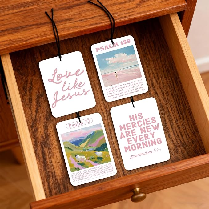 4 Pcs Pink Christian Car Air Fresheners, Bible Verse Hanging Fresheners for Women, Religious Inspirational Decor, Floral Scripture Mirror Fresheners for Car, Closet & Gift Use (Pink Christian)