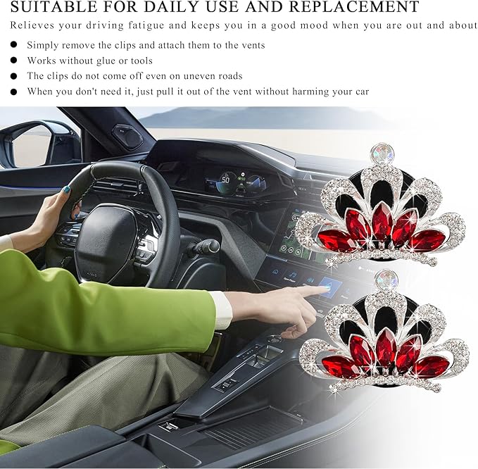 2 PCS Bling Car Air Vent Clips, Crystal Rhinestone Crown Vent Decorative Air Freshener Clips, Sparkly Diamond A/C Outlet Aroma Diffuser Clip for Vehicles, Car Accessories (Red)