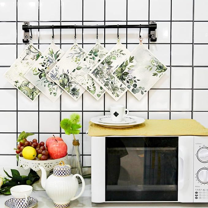 Morigins 6 Pieces Swedish Kitchen Dishcloths Green Eucalyptus Cleaning Cloths Reusable Absorbent Sponge Cloths Dish Quick Drying Washable Cleaning for Kitchen,Washing,Hand, Counter Wipes
