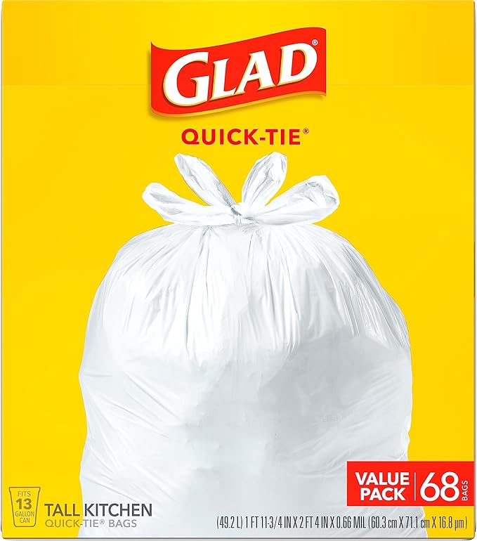 Glad Tall Kitchen Trash Bags 13 Gallon, Unscented Garbage Bags, Quick-Tie, 68 Count