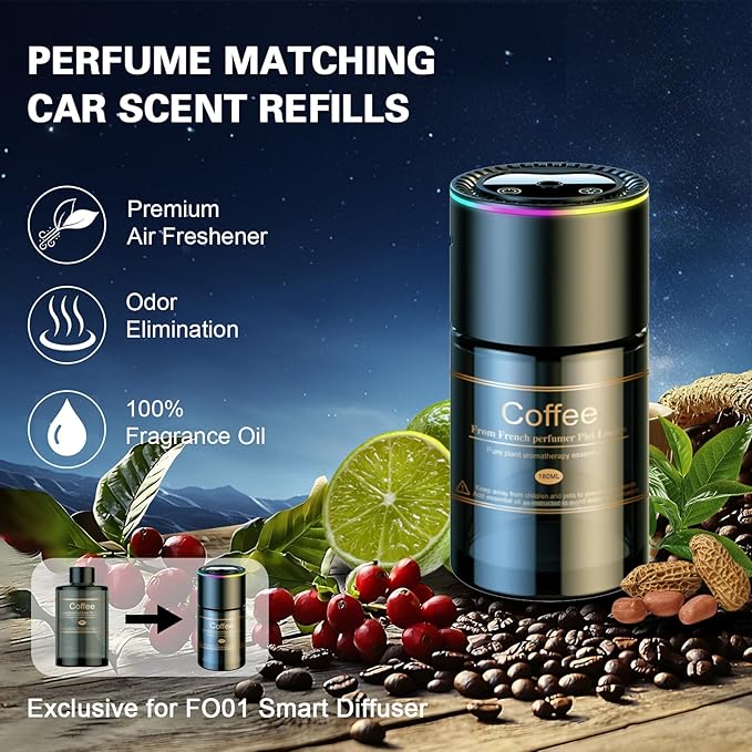 Smart Car Air Freshener Diffuser - 270-Day Long-Lasting Essential Oil (6.09oz/180ml), Auto On/Off Sensor, Ultrasonic Dual Modes, Multi-Mode Adjustable, Natural French Fragrance Oils, Coffee 