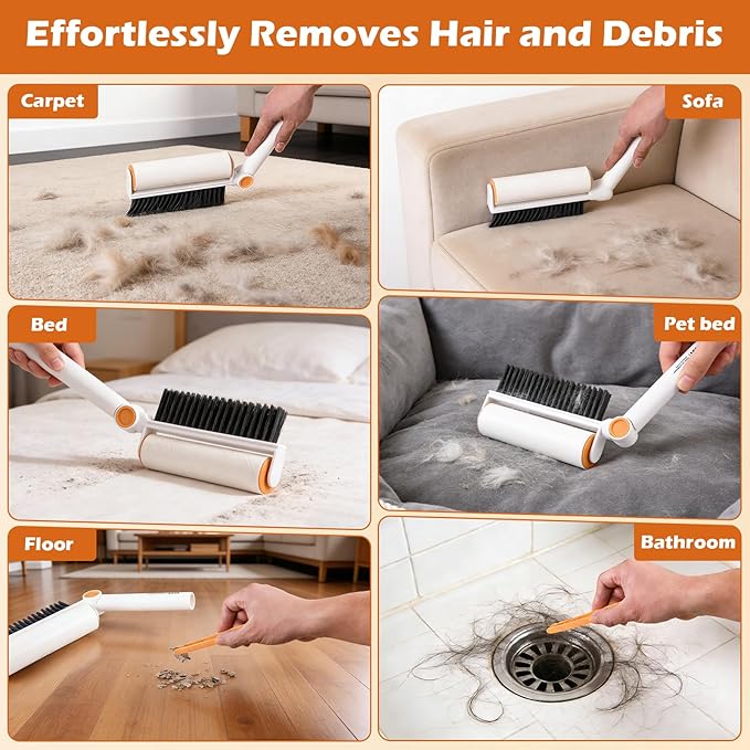3-in-1 Pet Hair Remover Tool: Soft Dust Brush, Lint Roller for Clothes & Bench Brush with 180° Adjustable Handle, Pet Hair Removal for Dog/Cat Hair on Clothes, Bed, Sofa (White, One Size)