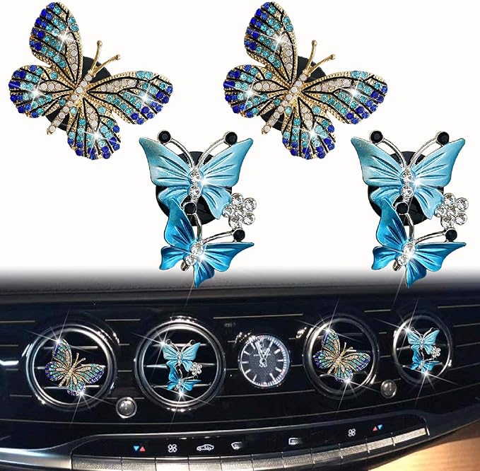 4 Pcs Blue Bling Butterfly Car Air Fresheners Vent Clips Diffuser Vent Clip Rhinestone Diamond Decoration Car Interior Decor Cute Accessories for Women, Automotive Air Fresheners(2 styles)