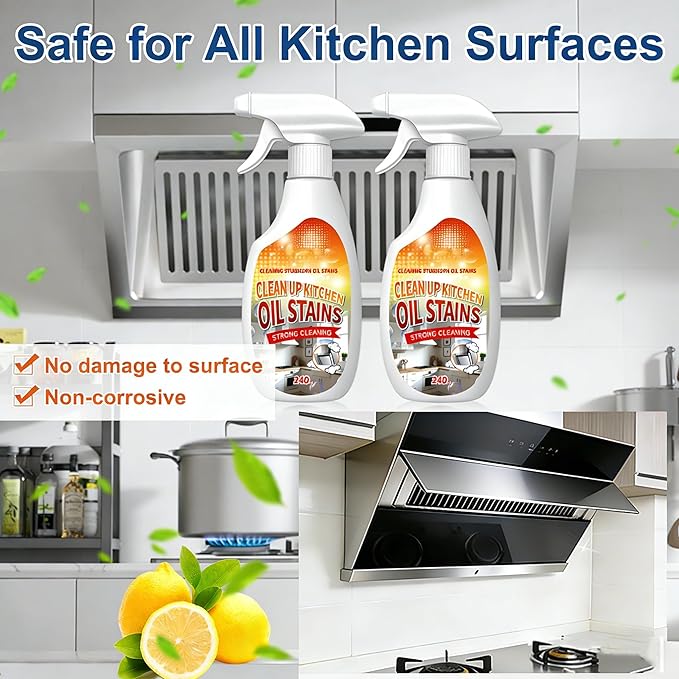 Heavy-Duty Kitchen Degreaser Spray, Multi-Purpose Foam Cleaner for Stovetops, Pans, Countertops & Appliances, Powerful on Grease and Oil Stains, No-Rinse Formula, 350ml/12oz, Lemon Scent(2 Pack)