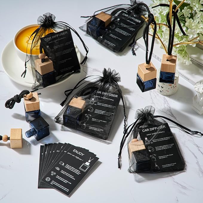 Boao 15 Sets Hanging Car Air Freshener Diffuser Bottles Empty Bulk with Car Diffuser Instruction Cards Organza Bags Glass Refillable Essential Oil Fragrance Aromatherapy Pendant (Square)