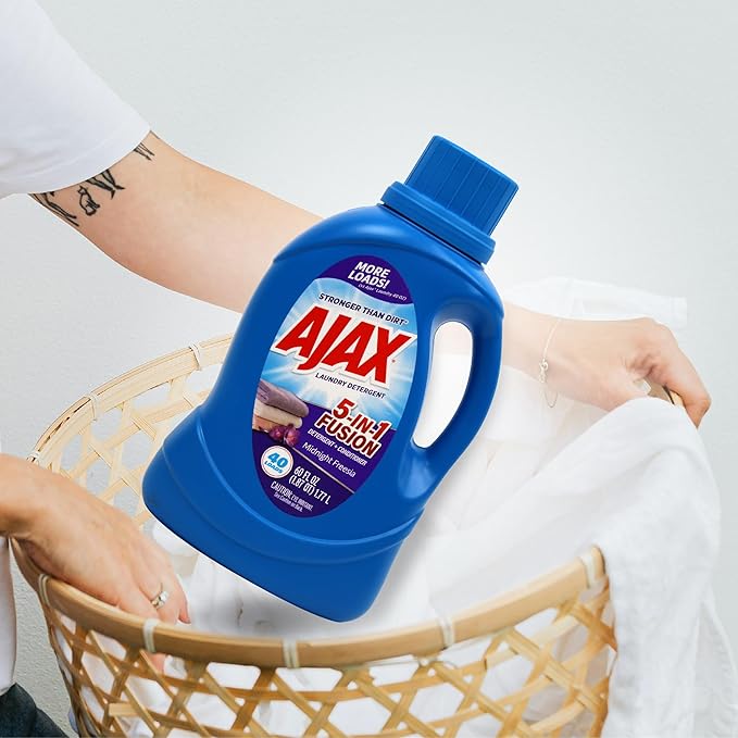 Ajax 5-in-1 Fusion Liquid Laundry Detergent – Totally Awesome Cleaner with Deep Clean Power, Odor & Stain Remover, Fabric Conditioner, HE Compatible, Midnight Freesia Scent, 60oz (Pack of 2), 80 Loads