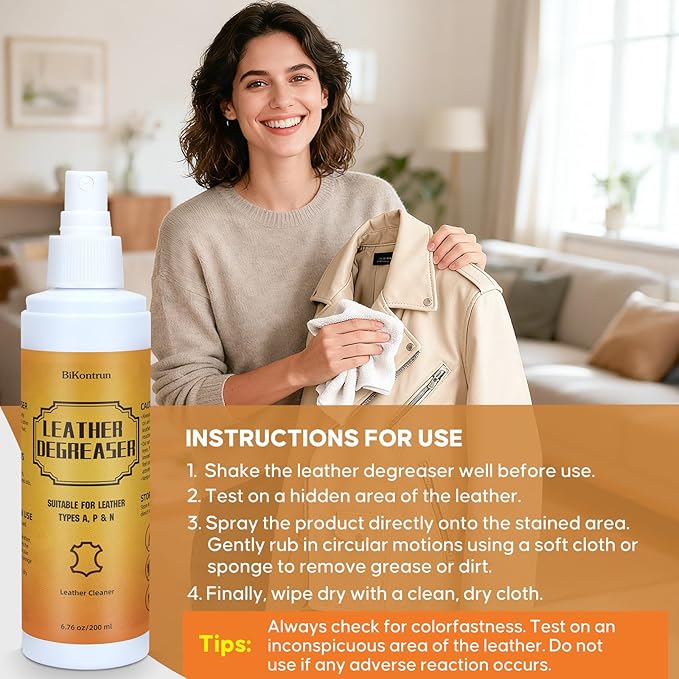 Leather Cleaner Degreaser – Quick Spray & Wipe Formula for Car Seats, Sofas, Handbags, Jackets & Shoes – Removes Grease & Oil, Gentle Leather Care, No Residue, Easy to Use