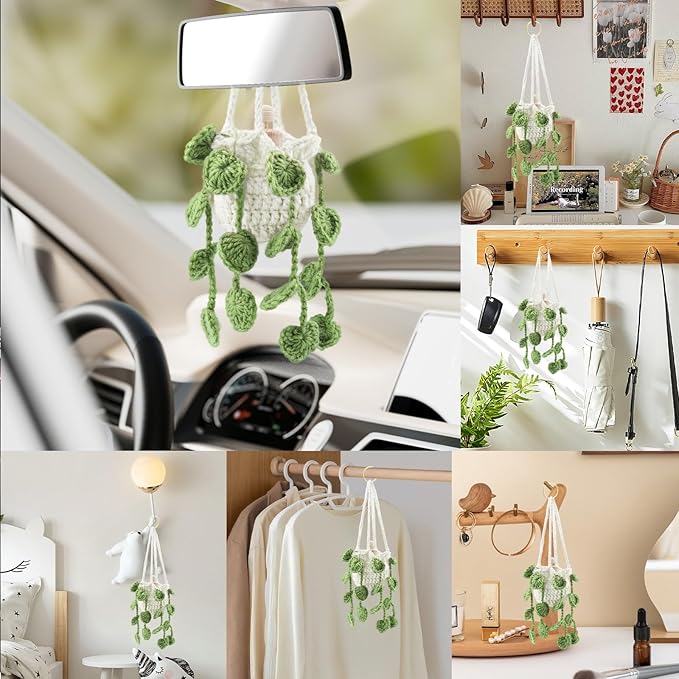 Crochet Car Air Freshener, Cute Crochet Plant for Rear View Mirror, Handmade Car Mirror Hanging Accessories, Plant Botanical Fern Leaf Design with 10ml Refillable Glass Essential Oil Bottle for Home