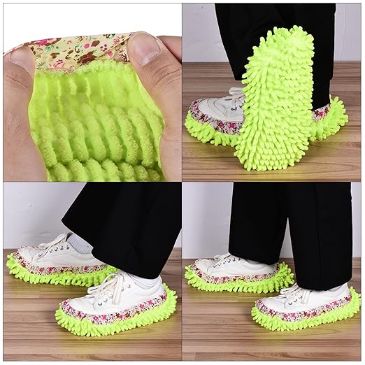 MECCANIXITY Washable Cleaning Shoes Cover Multifunction Chenille Microfiber Duster Mop Slippers Foot Socks Tools for House Floor, Pack of 2 Green
