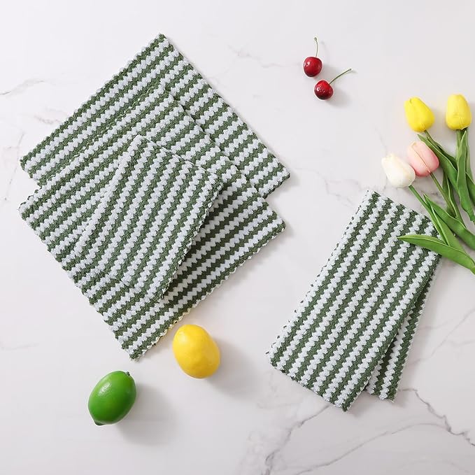 Homaxy 18 Pack Kitchen Dish Cloths, Ultra Soft and Absorbent Dish Towels, Reusable Fast Drying Microfiber Cleaning Cloth, Coral Velvet Wave Design No-lint,10 x 10 inches, Grass Green