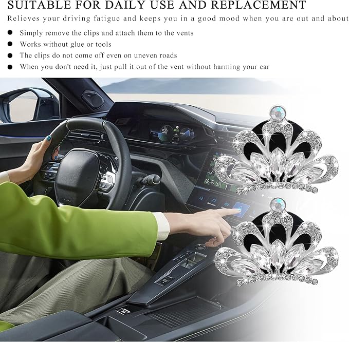 2 PCS Bling Car Air Vent Clips, Crystal Rhinestone Crown Vent Decorative Air Freshener Clips, Sparkly Diamond A/C Outlet Aroma Diffuser Clip for Vehicles, Car Accessories (White)