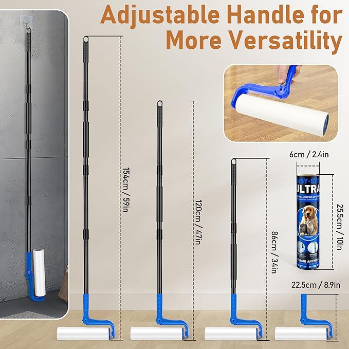 10" Large Lint Roller for Pet Hair Extra Sticky, Floor Lint Rollers Long Handle with Big Lint Rollers Refills for Couch Carpets Furniture Wall Clothing Floor Cleaning, Blue