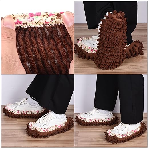 MECCANIXITY Washable Cleaning Shoes Cover Multifunction Chenille Microfiber Duster Mop Slippers Foot Socks Tools for House Floor, Pack of 2 Brown