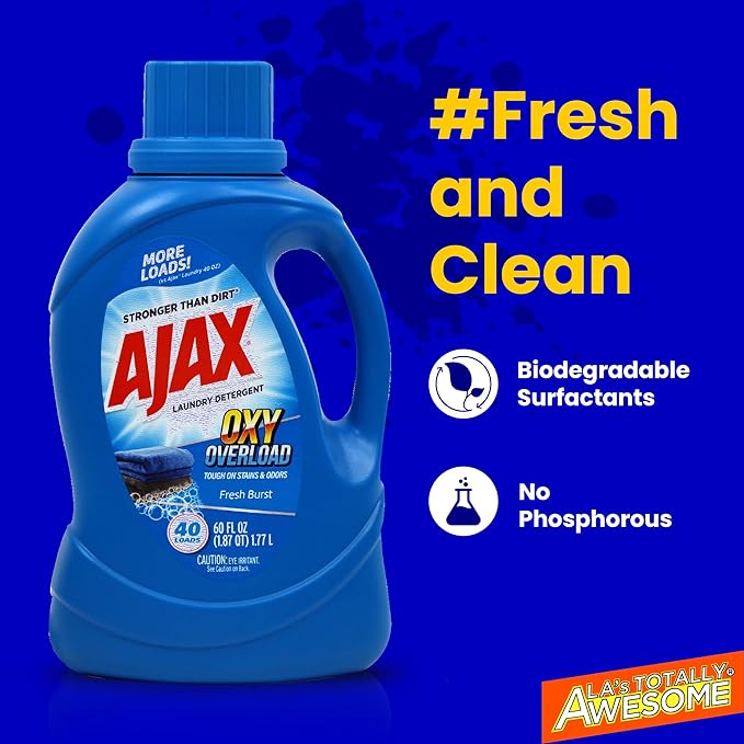 Ajax Oxy Overload Laundry Detergent Liquid, 60oz (Pack of 2) – Totally Awesome Cleaner with Deep Cleaning, Stain & Odor Removing power, HE Compatible, 80 Loads, Fresh Burst Scent