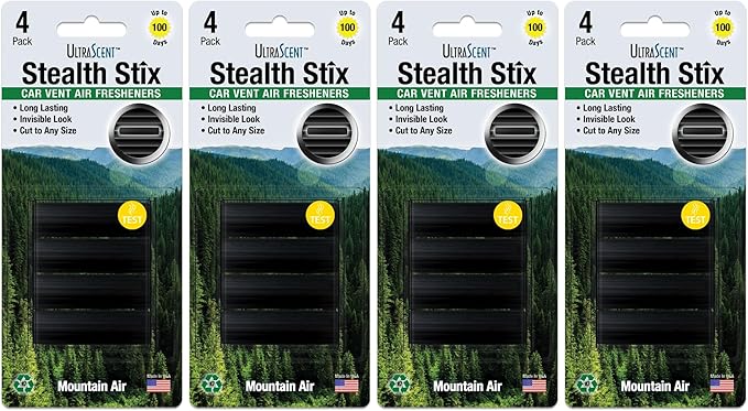 Car Vent Clips Air Freshener Stealth Stix Car Vent Clips that Slip on Vent Blade, 4-Pack/16-Stix (Mountain Air)