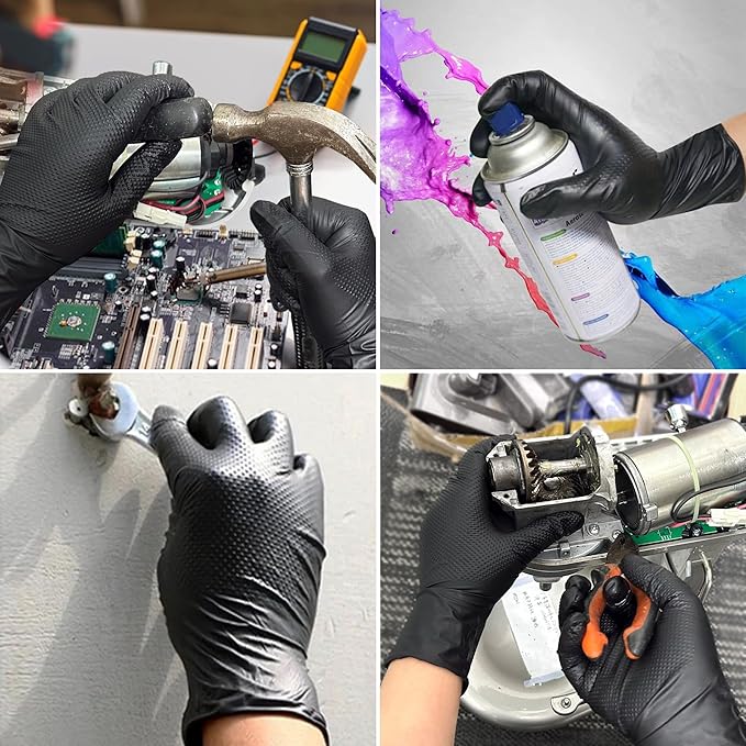 TitanFlex Heavy Duty Black Industrial Nitrile Gloves with Raised Diamond Texture, Latex Free (6mil/8mil)