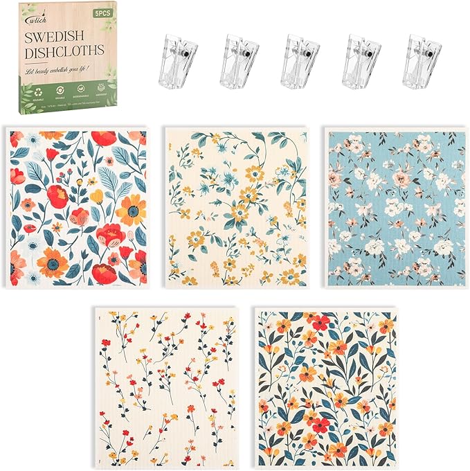 5PCS Swedish Dishcloths for Kitchen, Reusable Dish Rags for Washing Dishes with Clips, Non-Scratch Kitchen Towels and Dishcloths Sets, Washable Swedish Dish Cloths, No Odor(Plant)