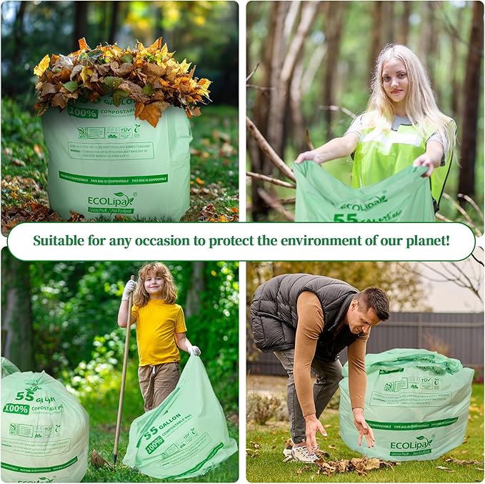 ECOLipak 55 Gallon Compostable Trash Bags, 12 Count Heavy Duty Extra Thick 1.57 Mil, 208.2 Liter Large Garbage Bags for Commercial/Lawn/Yard/Restaurant, US BPI ASTM D6400 and OK Compost Home Certified