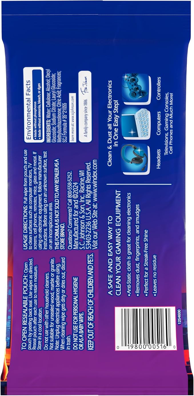 Windex Gaming Cleaning Wipes, Ammonia-Free Anti-Static Electronics Cleaner for Consoles, Controllers, Screen, TV, Computer Monitor & Keyboard, Streak-Free Pre-Moistened, 25 Count (Pack of 12)