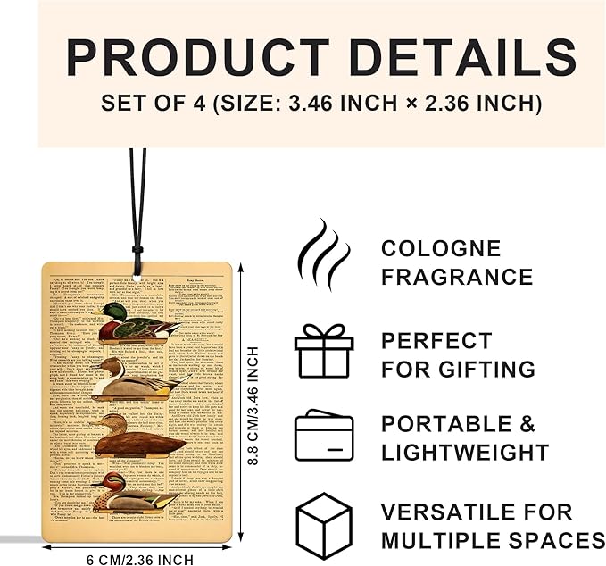 Vintage Mallard Duck Car Air Freshener 4 Pcs, Rustic Farmhouse Farm Animal Air Freshener Hanging for Cars Books Closet Drawer, Mallard Duck Lover Gifts Car Accessories for Women Men(02)