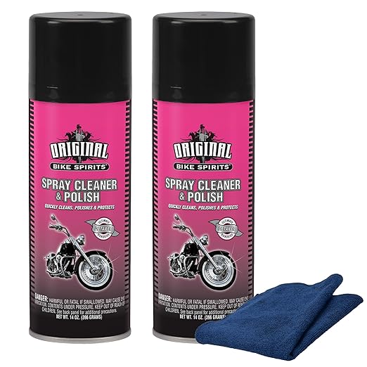 Original Bike Spirits Spray Cleaner & Polish 14 oz (2 Units) & a Blue Microfiber Rag - Waterless Motorcycle Cleaner and Polish for Paint, Chrome, and Plastic