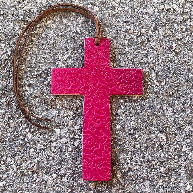 Air Flair | Leather Car Air Freshener | Cross | Rose Pattern (Fuchsia, Butt Naked Scent)