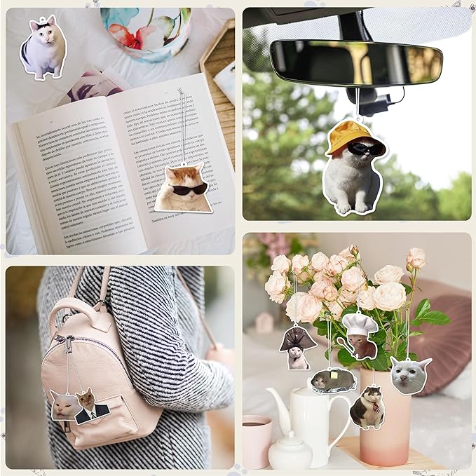 Funny Meme Cat Car Air Freshener - 16Pcs Cute Cat Freshener Hanging Ornaments for Women Men, Double Sided Printing Long-Lasting Scent Fragrant Pendant Gift for Car Accessories Decoration Home
