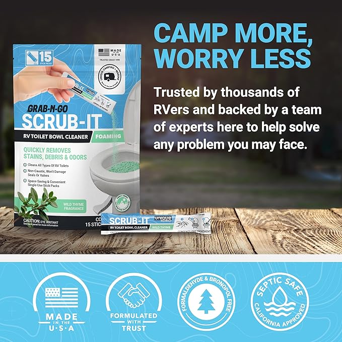 Unique Scrub-It Foaming RV Toilet Cleaner - Wild Thyme Scent, 15 Count Stick Packs, Premeasured, No-Mess, Grab-N-Go Powder Removes Stains from RV Toilet Bowls, Helps Lubricate Valves and Seals