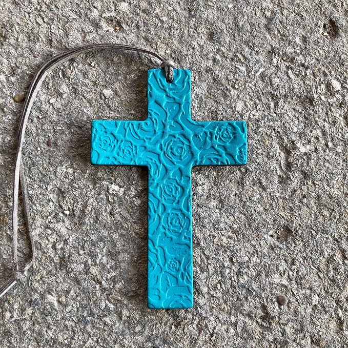 Air Flair | Leather Car Air Freshener | Cross | Rose Pattern (Turquoise, Butt Naked Scent)