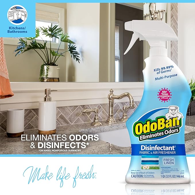 OdoBan Ready-to-Use Disinfectant and Odor Eliminator, Set of 4 Spray Bottles, 32 Ounces Each, Fresh Linen Scent