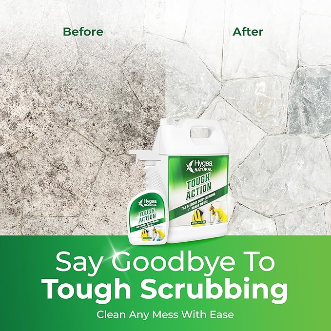 Hygea Natural Tough Action Tile & Grout Cleaner Duo - Deep Cleans Dirt & Scum & Enhances Stone Color - Acid-Free & Residue-Free Biodegradable Formula (24 oz Spray & Ready to Use Gallon Refill)