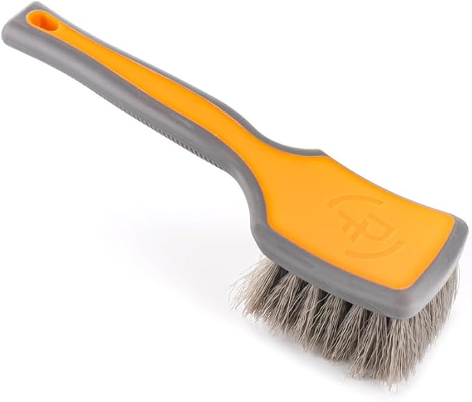 Detail Factory - ProGrip Tire Brush - Ergonomic ProGrip Handle, Stiff Synthetic Bristles, Ergonomic Design, Efficient Tire Brushes for Cleaning Tires - Solar Flare