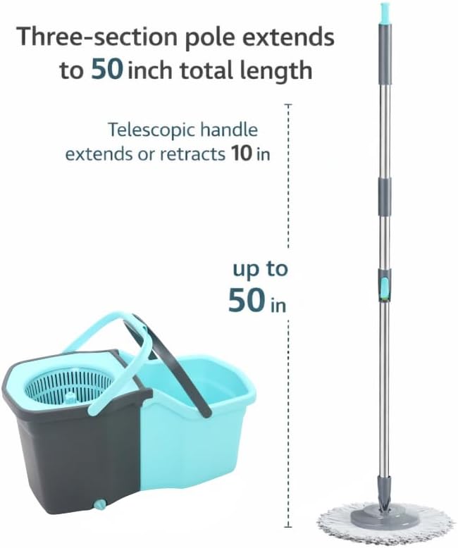 Casabella Spin Mop System with Extra Mop Head Refill - Two-Bucket Design with Splash Guard Built-in Measuring Cup and Scraper Tool with Easy Wring Pedal Spinner, 1.25-Gall (Detachable Mop)