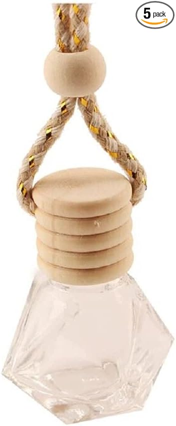5Pcs 8ml Hanging Car Air Freshener Perfume Bottle, Refillable Aromatherapy Fragrance Clear Empty Essential Oil Diffuser Perfume Pendant Auto Ornaments Decor Accessories with Wooden Caps