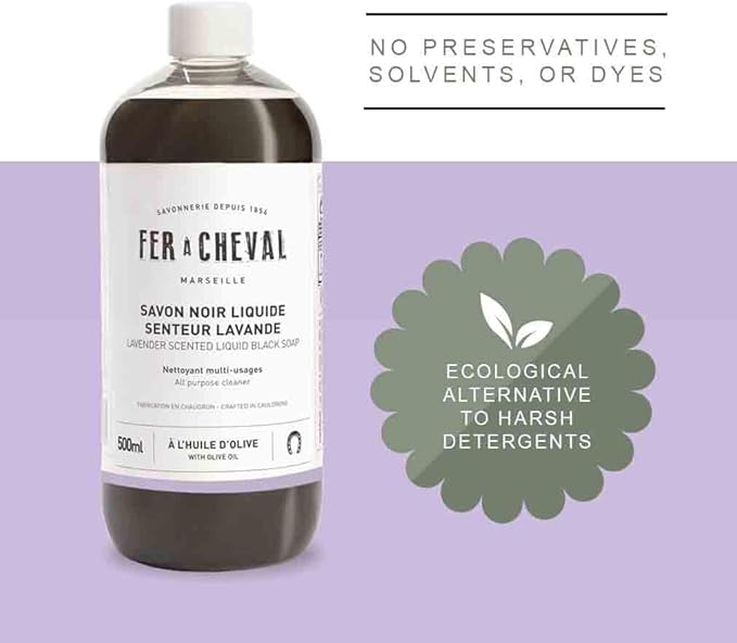 Fer à Cheval Liquid Black Soap All Purpose Cleaner with Olive Oil, Concentrated Multi-Use Cleaner for Home Surfaces, 500 ml/16.91 fl oz, Lavender Soap