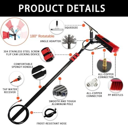 Glass Cleaning Brush Home Water Fed Telescopic Pole Kit Solar Panel Brush Rotating for Photovoltaic Panel，Telescopic Brush 10.8M Extendable Window Cleaning Rod Conservatory Roof Cleaner with