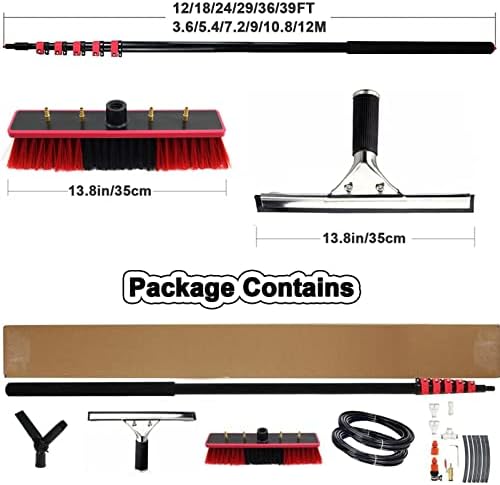 Glass Cleaning Brush Home Water Fed Telescopic Pole Kit Solar Panel Brush Rotating for Photovoltaic Panel，Extendable Telescopic Window Cleaning Pole Kit 4M-12M (18FT-36FT) with Water Fed Bru