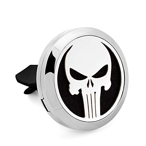 Jumbo Size (JUMBO Punisher) 38mm (1-1/2 in dia.) Car Aromatherapy Essential Oil Diffuser Stainless Steel Locket Air Freshener with Vent Clip 7 Pads 1 Oil Included