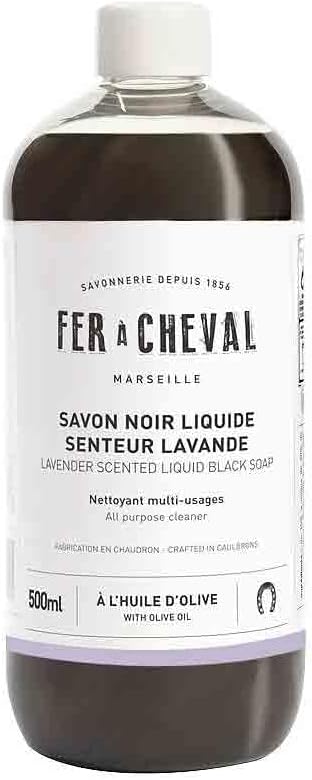 Fer à Cheval Liquid Black Soap All Purpose Cleaner with Olive Oil, Concentrated Multi-Use Cleaner for Home Surfaces, 500 ml/16.91 fl oz, Lavender Soap