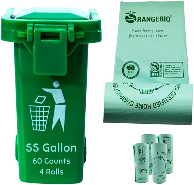 OrangeBio 55 Gallon Compostable Trash Bags, 60 Count, Heavy Duty Garbage Bags for Contractor, Yard Waste & Commercial Food Waste, Plant-Based, BPI ASTM D6400 & TÜV OK Compost Home Certified