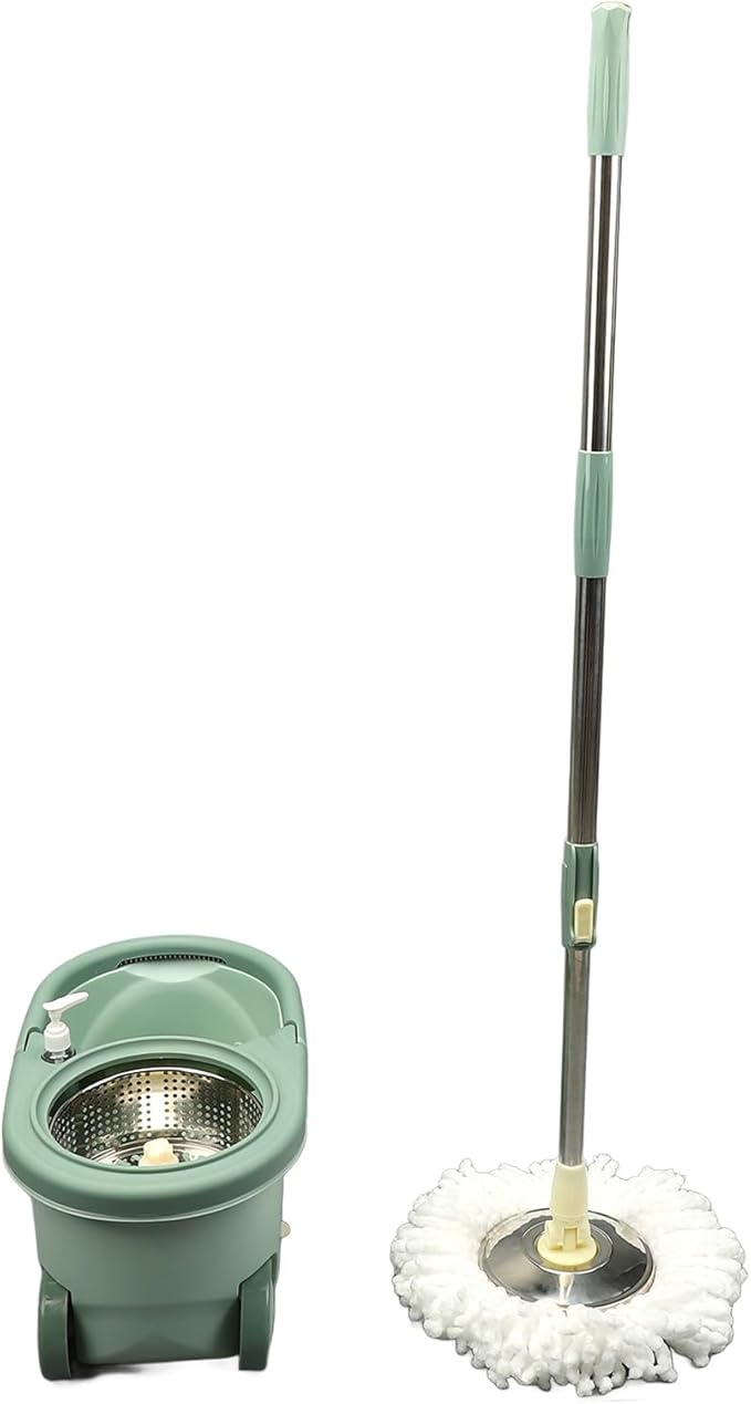 ZJchao Spin Mop and Bucket, Mop Bucket Separate Dirty Water Mop Bucket with Wringer, Green, Plastic, Floor Cleaning Set