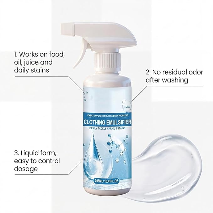10 Fl Oz Clothing Emulsifier,Powerful Laundry Stain Remover Spray,Non Ionic Emulsifiers Cloth Cleaner,Clothes Dry Clean Spray for Grease,Oil,Food on Clothes and Shoes,Fabric Conditioner Restore Color