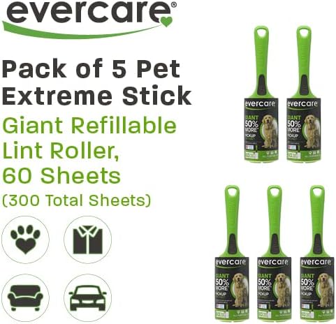 Evercare Pack of 5 Pet Extreme Stick Giant Refillable Lint Roller, 60 Sheets